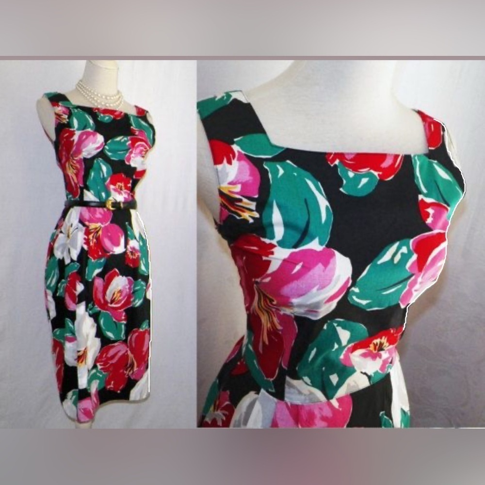 Lanz Originals 80 vintage New black floral pocket sun dress size 4